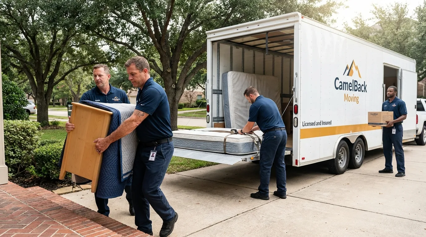 Crew loading residential truck for cross-state move from Poteet, TX