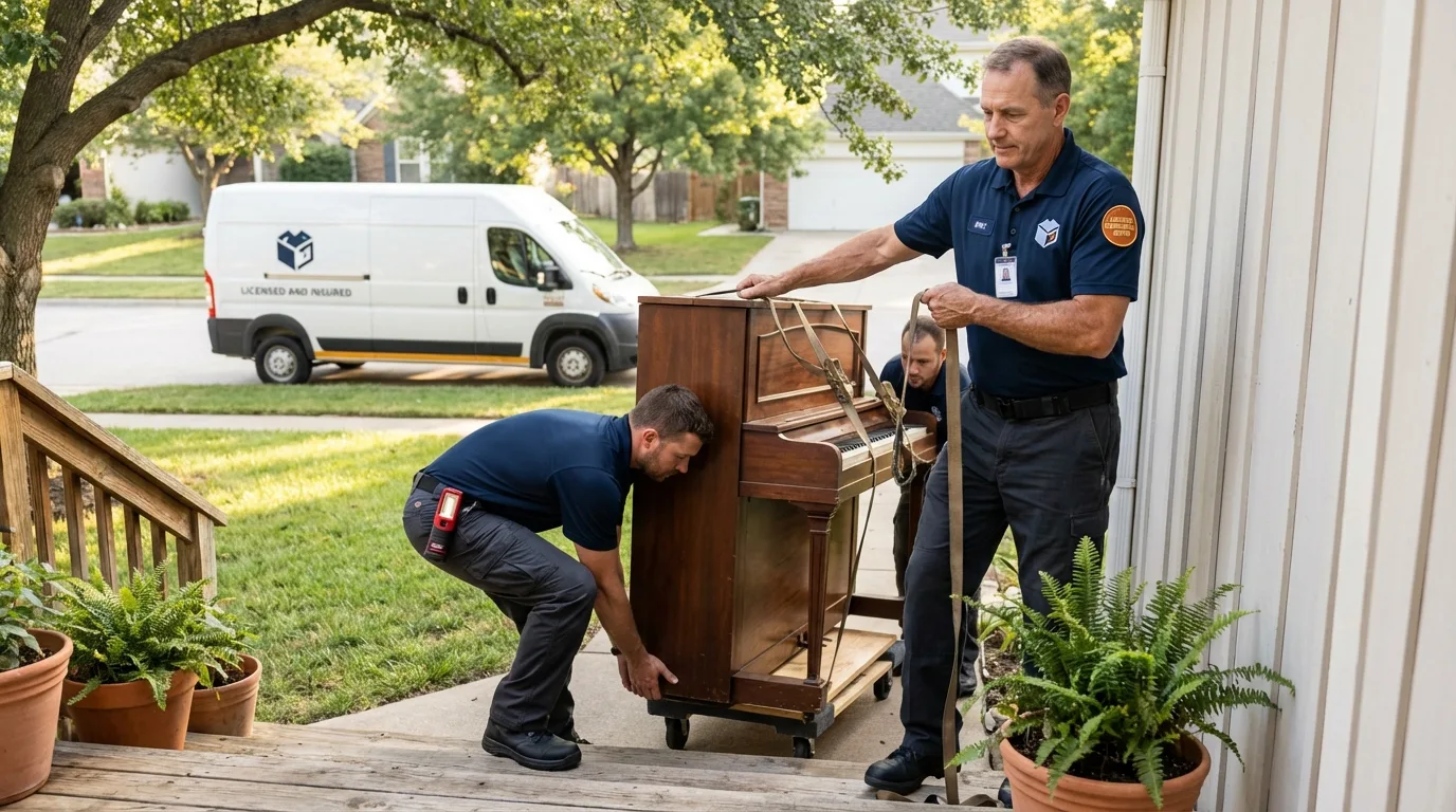 Licensed piano movers securing grand piano in Poteet, TX