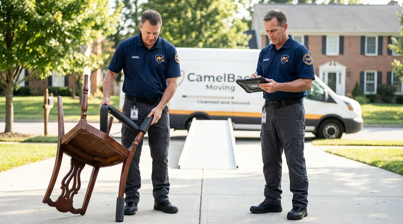 Movers inspecting furniture for damage prevention before loading in Poteet, TX