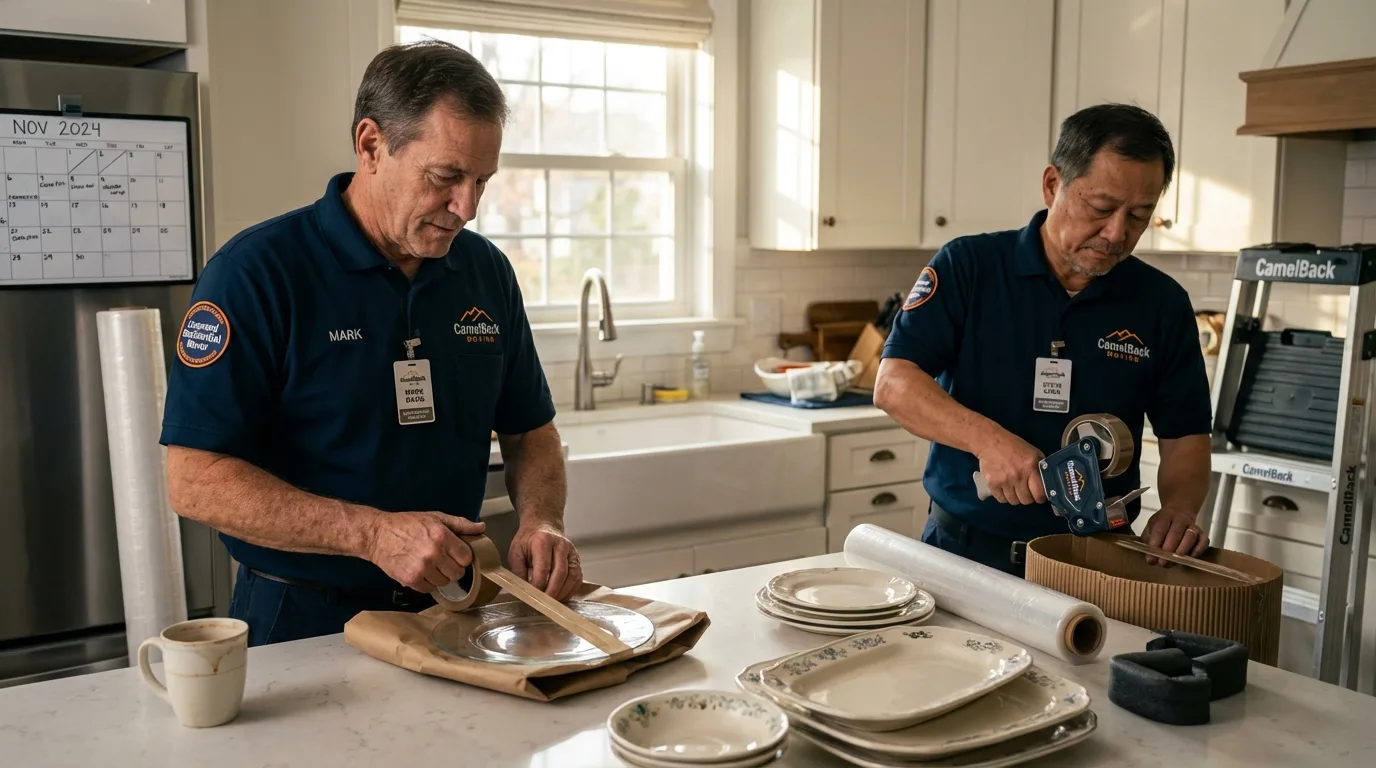 Professional crew packing kitchen dishware in Poteet, TX
